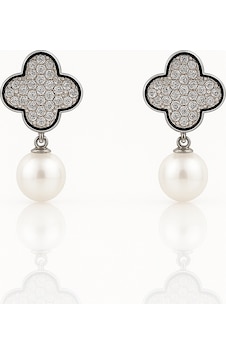 White Gold Plated Pearl Clover Drop Küpe Silver White Gold Plated Pearl Clover Drop Küpe Silver