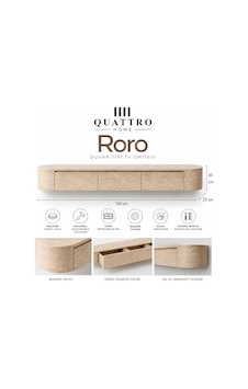 Roro Duvara Monte Tv Ünitesi 180 Cm Geniş Çekmeceli Modern Traverten Desenli Tv Sehpası Beyaz