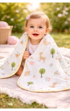 Almira Bebek Kız Bebek Ağaç ve Hayvan Baskılı Çift Taraflı Pikeli Müslin Battaniye Krem Standart Almira Bebek Kız Bebek Ağaç ve Hayvan Baskılı Çift Taraflı Pikeli Müslin Battaniye Krem Standart