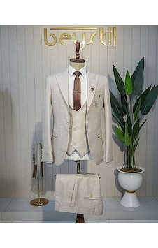 Bys Beystil Sivri Yaka Krem Yelekli Kırçıllı Takım Elbise Storm- Slim Fit Bys Beystil Sivri Yaka Krem Yelekli Kırçıllı Takım Elbise Storm- Slim Fit