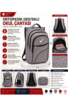 Ortopedik Sırt Destekli Okul Çantası 3 Bölmeli Geniş Hacimli, Ayarlanabilir Omuz Askılı Gri
