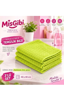 Misgibi Profesyonel 3'lü Mikrofiber Temizlik Bezi Kareli Doku, Güçlü Emicilik, İz Ve Tüy Bırakmayan Bez Yeşil