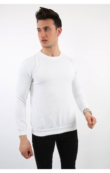 Modish İki İplik Düz Sıfır Yaka Erkek Günlük Sweatshirt Beyaz