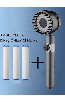 Masajlı 3 Fonksiyonlu Filtreli El Duşu Antrasit + Yedek 3 Adet Filtre Antrasit