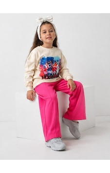 Mila Mood Kız Çocuk Fuşya Bol Paça Eşofman Takımı Manifest Baskılı Ekru Sweatshirt 2'li Takım Ekru- Pembe