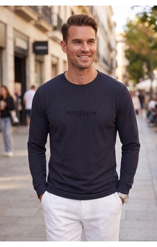 Deepsea Erkek Slim Fit Likralı Çizgi Dokulu Lacivert Sweatshirt Bisiklet Yaka Nakışlı Spor Şık Sweat 2708518
