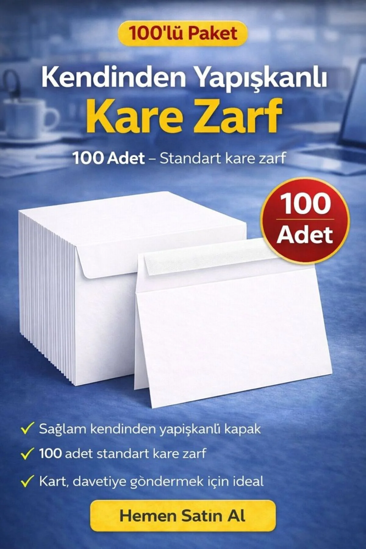 Kendinden Yapışkanlı Kare Zarf 100 Adet Beyaz, Davetiye Ve Kart İçin Kendinden Yapışkanlı Kare Zarf 100 Adet Beyaz, Davetiye Ve Kart İçin