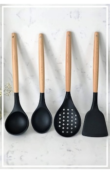 Silikon Bambu Saplı 4 Parça Mutfak Servis Seti Siyah Silikon Bambu Saplı 4 Parça Mutfak Servis Seti Siyah