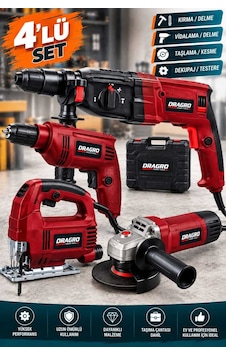 Dragro DRG-21V Çelik Şanzıman K Elektrikli 4'lü Set Matkap + Taşlama + Kırıcı Delici Hilti + Dekupaj Dragro DRG-21V Çelik Şanzıman K Elektrikli 4'lü Set Matkap + Taşlama + Kırıcı Delici Hilti + Dekupaj