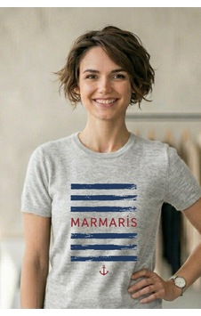 Baranışık Marmaris Marin Temalı Çizgili Ve Çapa Baskılı Unisex Tişört Gri Baranışık Marmaris Marin Temalı Çizgili Ve Çapa Baskılı Unisex Tişört Gri