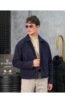 Modefendi Orta Slim Fit Düğme Detaylı Kaşmir Kaban Lacivert