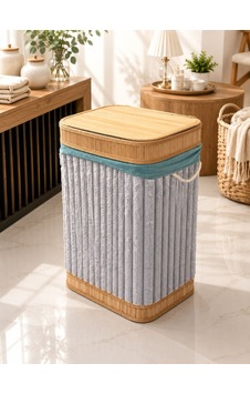 Bambu Üzeri Peluş Kaplama Çamaşır Sepeti - Gri-7499 Çok Renkli Bambu Üzeri Peluş Kaplama Çamaşır Sepeti - Gri-7499 Çok Renkli