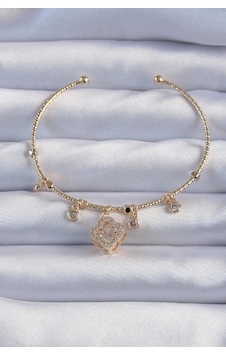 Pirinç Altın Renk Zirkon Taşlı Yonca Model Charm Bileklik Renkli