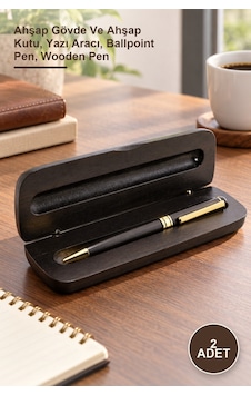 2 Adet Ahşap Kutulu Tükenmez Kalem Ahşap Gövde Ve Ahşap Kutu, Yazı Aracı, Ballpoint Pen, Wooden Pen