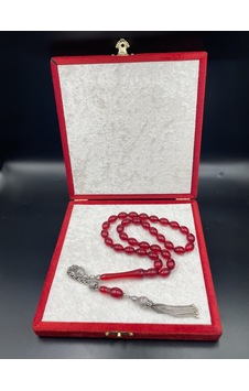 Sülün İmameli Arma Kesim Ateş Kehribar Tespih 12x9 Mm 925 Ayar Gümüş