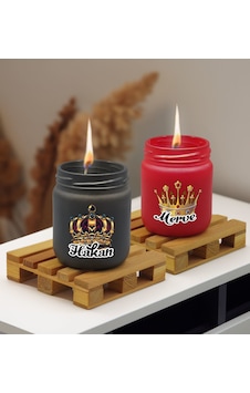 Bk Gift Kişiye Özel Dtf Kral Kraliçe Tacı 2 Li Siyah Ve Kırmızı Renkli Cam Kavanozda Kokulu Mum-1, Arkadaşa Hediye, Sevgiliye Hediye