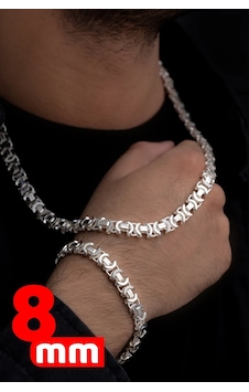 Erkek Gümüş Kolye Bileklik Set - 8mm Parlak Euro Kral Zincir Erkek Gümüş Kolye Bileklik Set - 8mm Parlak Euro Kral Zincir