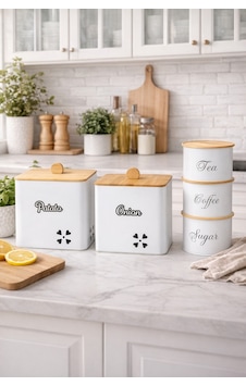 Bambu Kapaklı Metal Patates Ve Soğan Saklama Kovası Kare & Çay Kahve Şeker Kavanoz Seti Beyaz Siyah Bambu Kapaklı Metal Patates Ve Soğan Saklama Kovası Kare & Çay Kahve Şeker Kavanoz Seti Beyaz Siyah