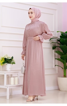 Kolu Volanlı Simli Alya Abiye-gülkurusu-5206 Kolu Volanlı Simli Alya Abiye-gülkurusu-5206