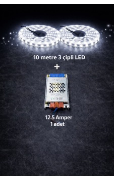 3 Çipli 10 Metre Led + 12.5 Amper Trafo 10 Metre Beyaz