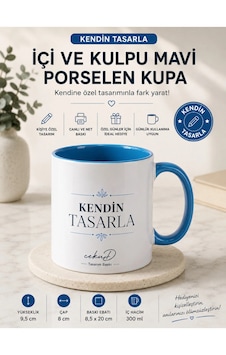 Kendin Tasarla Içi Ve Kulpu Mavi Porselen Kupa Bardak Kişiye Özel Fotoğraflı, Yazılı Ve Logolu Baskılı 300 Ml