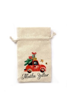 Yılbaşı Temalı 10 Ad Amerikan Bez İpli Hediye Kesesi Noel Temalı Kırmızı Araba Desenli 8,5x12,5 Cm 8,5 Cm X 12,5 Cm