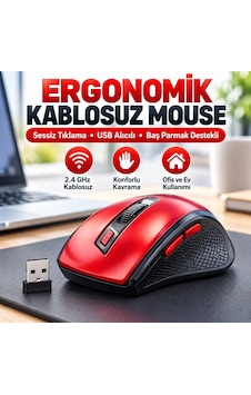 Ers Kırmızı Renkli Baş Parmak Destekli Ergonomik Sessiz Kablosuz Mouse Usb Alıcılı, Ofis Ve Oyun İçin Konforlu Bilgisayar Faresi Ms6300