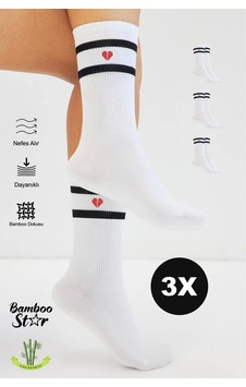 Bamboo Star Bambu Kadın Kalp Desenli Tenis Çizgili Premium Kolej Çorabı Beyaz Dikişsiz Soket Çorap 3'lü Paket Bamboo Star Bambu Kadın Kalp Desenli Tenis Çizgili Premium Kolej Çorabı Beyaz Dikişsiz Soket Çorap 3'lü Paket