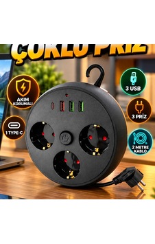 3 Prizli Akım Korumalı Çoklu Priz 3 Usb, 1 Type-c Ve 2 Metre Kablo Diğer 3 Prizli Akım Korumalı Çoklu Priz 3 Usb, 1 Type-c Ve 2 Metre Kablo Diğer