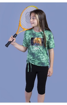 Toontoy Kız Çocuk 2'li Takım Baskılı Bisiklet Yaka T-shirt & Basic Düz Tayt - Yırtmaç Detaylı - Bağcıklı Yeşil Toontoy Kız Çocuk 2'li Takım Baskılı Bisiklet Yaka T-shirt & Basic Düz Tayt - Yırtmaç Detaylı - Bağcıklı Yeşil