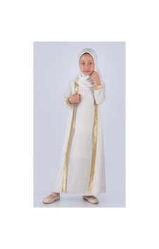 Mnk Baby & Kids Medine İpek Kumaş Eşarplı Tesettür Namaz Elbise M00742 Ekru