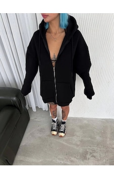 Oversize Tam Fermuarlı Uzun Kol Hırka - Siyah Oversize Tam Fermuarlı Uzun Kol Hırka - Siyah