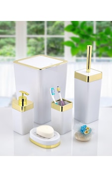 Akrilik Gold Çizgi Banyo Takımı 5'Li Kare Banyo Seti Beyaz Akrilik Gold Çizgi Banyo Takımı 5'Li Kare Banyo Seti Beyaz