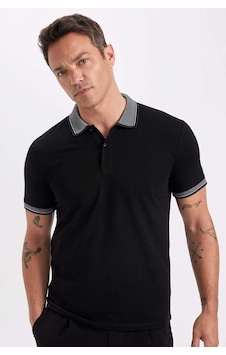Defacto Slim Fit Dar Kesim Polo Yaka Kısa Kollu Pamuklu Tişört D0033AXNS Siyah