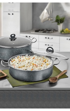 Polochef Megatron Granit Basık Pilav Tencere Kapaklı 32 Cm Gri Gri