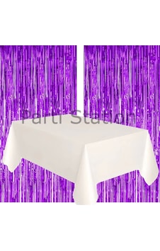 2 Adet Mor Renk Metalize Arka Fon Perdesi Ve 1 Adet Plastik Beyaz Renk Masa Örtüsü Set Standart 2 Adet Mor Renk Metalize Arka Fon Perdesi Ve 1 Adet Plastik Beyaz Renk Masa Örtüsü Set Standart