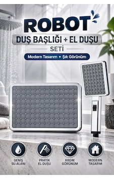 Domino Robot Duş Başlığı + El Duşu Seti Krom Görünümlü Modern Duş Seti Çok Renkli Domino Robot Duş Başlığı + El Duşu Seti Krom Görünümlü Modern Duş Seti Çok Renkli