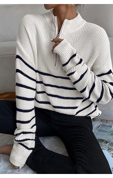Tarz Cool Beyaz-siyah Kadın Oversize Fermuarlı Balıkçı Triko Kazak Beyaz-siyah