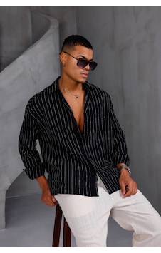 More Black Çizgili Oversıze Erkek Keten Gömlek Lacivert More Black Çizgili Oversıze Erkek Keten Gömlek Lacivert