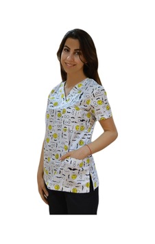 Doktor Hemşire Terikoton Emojeli V Yaka Üniforma Üst Doktor Hemşire Terikoton Emojeli V Yaka Üniforma Üst