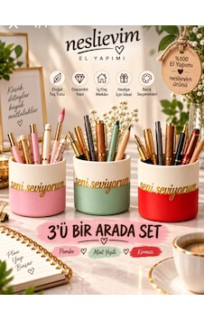 3'ü Bir Arada Renkli Masaüstü Kalemlik Seti Pembe, Mint Yeşili, Kırmızı Sevgiliye Hediye Çok Renkli