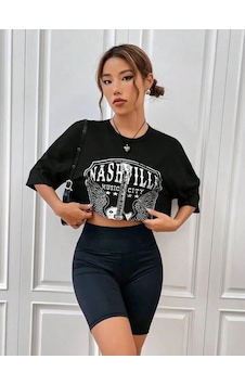Bigümex Kadın Gitar Baskılı Oversize Crop T-shirt Siyah