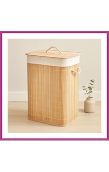 Gees Global Bambu Kirli Çamaşır Sepeti 40x30x60 Cm - Kapaklı İpli Kumaş Torbalı Gbzs
