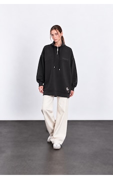 Mitodo Kadın Dik Yaka Yarım Fermuarlı Oversize Premium Modal Tunik Sweatshirt SiYAH