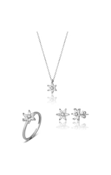Zanaatsilver 925 Ayar Gümüş Beyaz Zirkon Taşlı Nilüfer Çiçeği Takım & Seti