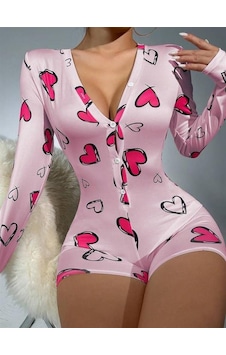 Red Womans Pamuklu Pembe Kalp Desenli Düğmeli Uzun Kol Tulum Pijama Red Womans Pamuklu Pembe Kalp Desenli Düğmeli Uzun Kol Tulum Pijama