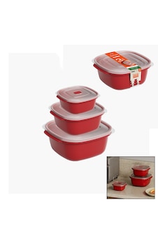 3 Pcs Kırmızı Kare Saklama Kabı Set 550-1100-2200ml 5492
