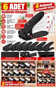 Shoemax 4 Kademeli Ayarlanabilir Ayakkabı Rampası Dolap İçi Yer Tasarruflu Ayakkabı Düzenleyici. Siyah 6 Adet Shoemax 4 Kademeli Ayarlanabilir Ayakkabı Rampası Dolap İçi Yer Tasarruflu Ayakkabı Düzenleyici. Siyah 6 Adet