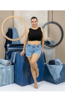 Büyük Beden Lastikli Yüksek Bel Püsküllü Kısa Denim Cepli Kadın Şort Mavi