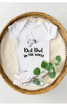 Hediyenza Best Dad in the World Özel Tasarım Bebek Zıbın Pamuklu Çıtçıtlı Body Beyaz